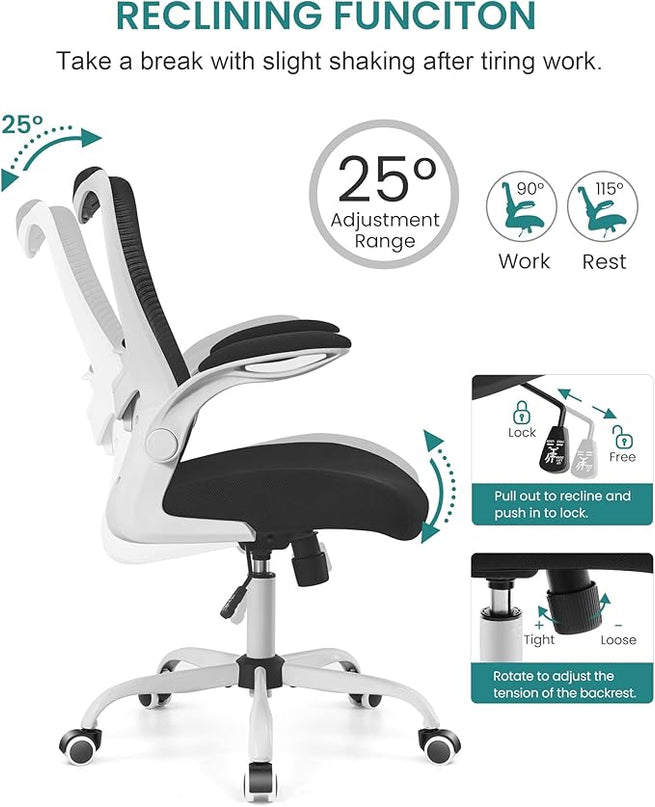 Office Chair, Ergonomic Desk Chair with Adjustable Lumbar Support and Flip up Armrest, Breathable Mesh Computer Chair for Home Office, White - LeafyLoom