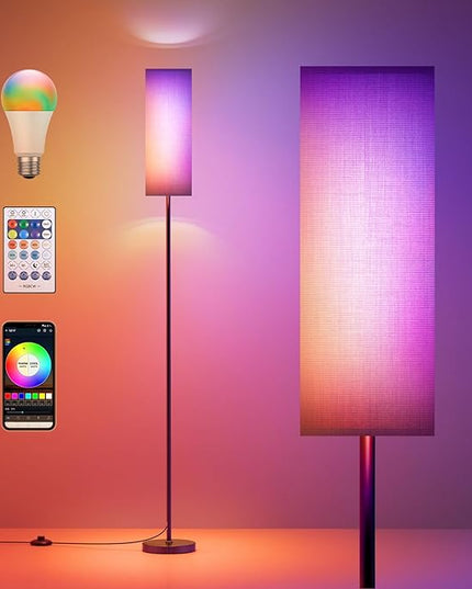 Floor Lamps for Living Room, Modern Floor Lamp with RGB LEDs Bulb,Dimmable Floor Lamp with App Control & Remote Control,Tall Reading Lamp for Bedroom, Living Room, Office,Black Lampshade - LeafyLoom