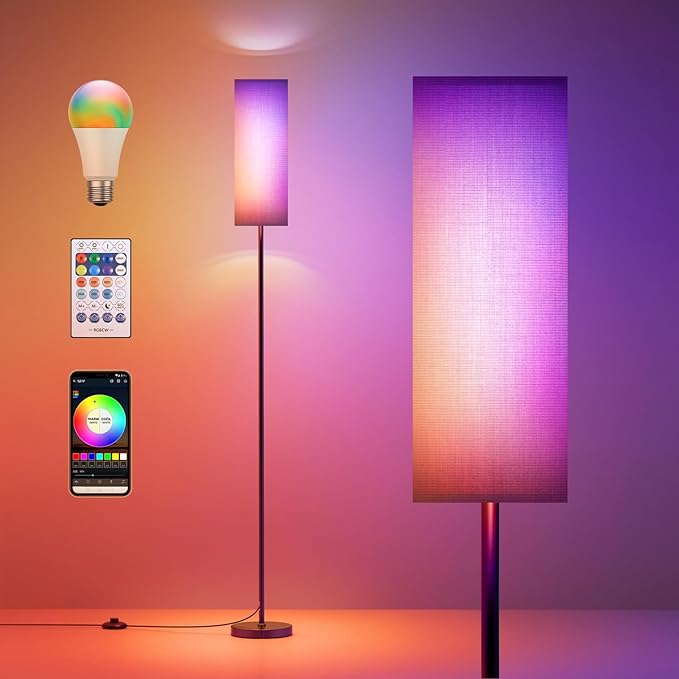 Floor Lamps for Living Room, Modern Floor Lamp with RGB LEDs Bulb,Dimmable Floor Lamp with App Control & Remote Control,Tall Reading Lamp for Bedroom, Living Room, Office,Black Lampshade - LeafyLoom