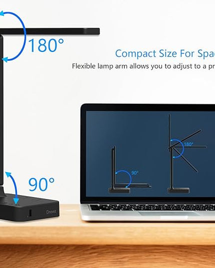 Drevet LED Desk Lamp, Desk Light with 1 USB Charging Port and 2 AC Power Outlet, 3 Lighting Modes, 3 Level Brightness,1H Timer, Touch Control, Eye-Caring Home Office Foldable Table Lamp (Black) - LeafyLoom