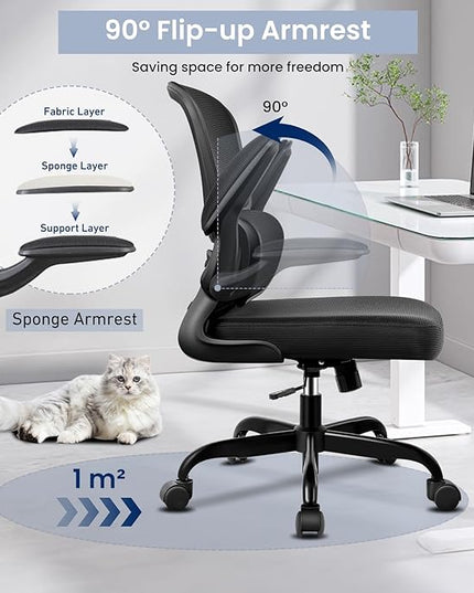 Office Chair, Ergonomic Desk Chair with Lumbar Support and Adjustable Armrests, Comfy Desk Chair Breathable Mesh Mid Back Computer Chair, Reclining Office Chair for Home Office - Black - LeafyLoom