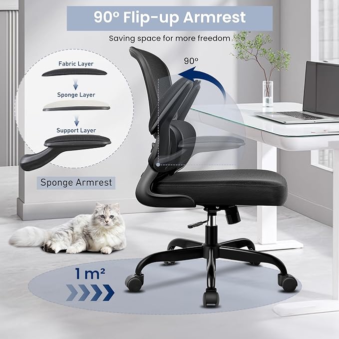 Office Chair, Ergonomic Desk Chair with Lumbar Support and Adjustable Armrests, Comfy Desk Chair Breathable Mesh Mid Back Computer Chair, Reclining Office Chair for Home Office - Black - LeafyLoom