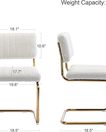 ONEVOG Cozy Boucle Dining Chair Set of 2, Upholstered White Dining Room Chairs with Gold Legs, Famous Cantilevered Design Comfort Dinner Chairs, Sturdy Stainless Chrome Base - LeafyLoom