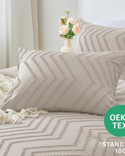 CozyLux California King Size Comforter Set Beige - 3 Pieces Cal King Boho Tufted Shabby Chic Bedding Comforter Set for All Seasons, Chevron Bedding Sets with Comforter & 2 Pillow Shams - LeafyLoom