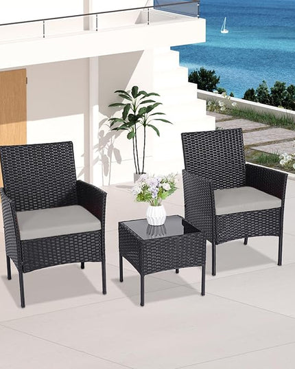 Patio Set 3 Piece Outdoor Rattan Porch Furniture with Tempered Glass Side Table & Cushion All Weather Conversation Bistro Set for Balcony,Deck,Porch (Brown/Beige) - LeafyLoom