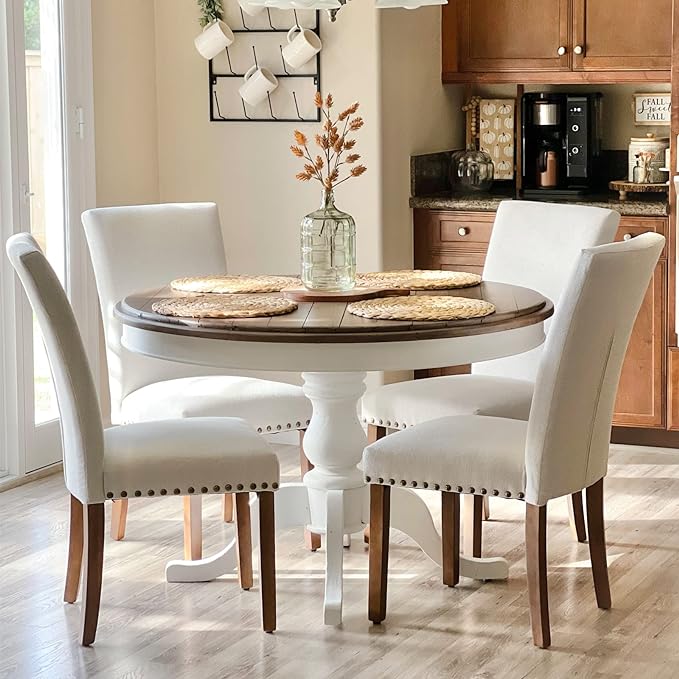 COLAMY Upholstered Parsons Dining Chairs Set of 4, Fabric Dining Room Kitchen Side Chair with Nailhead Trim and Wood Legs - Beige - LeafyLoom