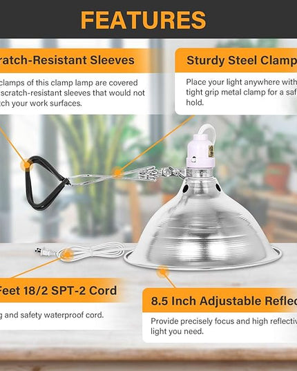 Simple Deluxe Clamp Lamp Light 150 Watt with 8.5 Inch Aluminum Reflector (no Bulb Included), 6 Feet Cord, 1 Pack, White - LeafyLoom