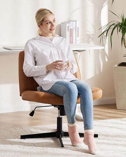 OLIXIS Cross Legged Armless Wide Adjustable Swivel Padded Home Office Desk Chair, Brown - LeafyLoom