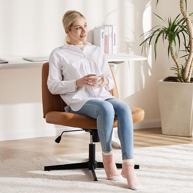 OLIXIS Cross Legged Armless Wide Adjustable Swivel Padded Home Office Desk Chair, Brown - LeafyLoom