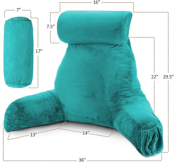 Clara Clark Reading Pillow, Large Back Pillow for Sitting Up in Bed, Memory Foam Back Support Pillow, Reading Pillows for Sitting in Bed Adult, Teal Sit Up Pillow for Bed Chair with Arms and Pockets - LeafyLoom