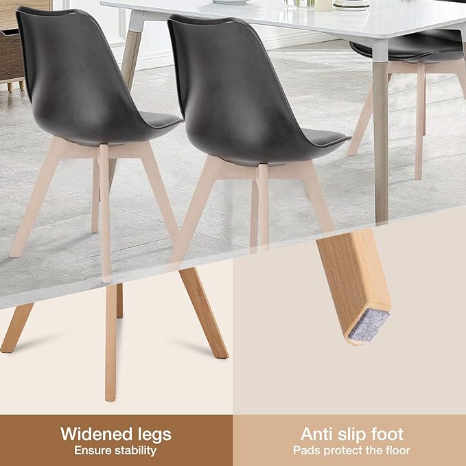 Sweetrcrispy Dining Chairs Set of 4, Kitchen Room PU Leather Mid Century Modern Chairs, Upholstered Dining Desk Chairs with Wood Legs for Home Office, Black - LeafyLoom