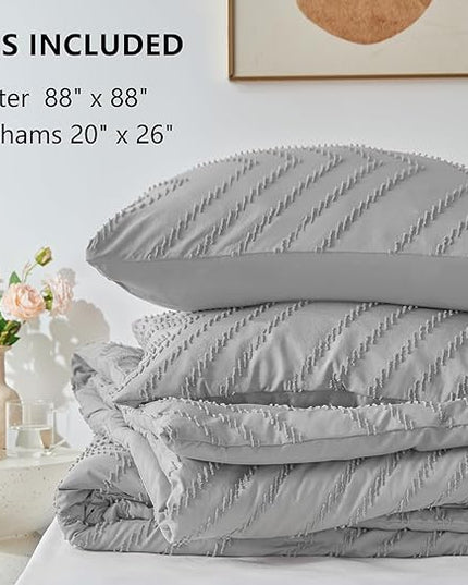 CozyLux Queen Comforter Set Light Grey - 3 Pieces Boho Tufted Shabby Chic Bedding Comforter Set for All Seasons, Chevron Bedding Sets with Comforter & 2 Pillow Shams - LeafyLoom