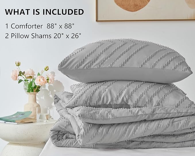 CozyLux Queen Comforter Set Light Grey - 3 Pieces Boho Tufted Shabby Chic Bedding Comforter Set for All Seasons, Chevron Bedding Sets with Comforter & 2 Pillow Shams - LeafyLoom