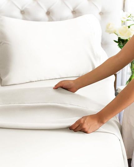 Queen Size 4 Piece Sheet Set - Comfy Breathable & Cooling Sheets - Hotel Luxury Bed Sheets for Women & Men - Deep Pockets, Easy-Fit, Extra Soft & Wrinkle Free - Antique White Oeko-Tex Bed Sheet Set - LeafyLoom