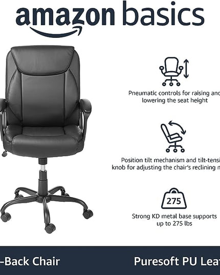 Amazon Basics Classic Puresoft PU Padded Mid-Back Office Computer Desk Chair with Armrest, 26"D x 23.75"W x 42"H, Black - LeafyLoom