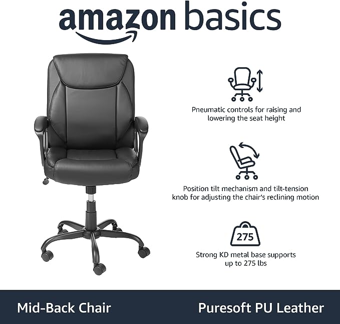 Amazon Basics Classic Puresoft PU Padded Mid-Back Office Computer Desk Chair with Armrest, 26"D x 23.75"W x 42"H, Black - LeafyLoom
