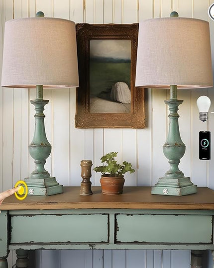 PORTRES 25.75" 3 - Way Dimmable Touch Lamps Set of 2 for Bedroom Rustic Bedside Lamp with USB A+C Charging Ports for Living room Kids Room Study Room （Green） - LeafyLoom