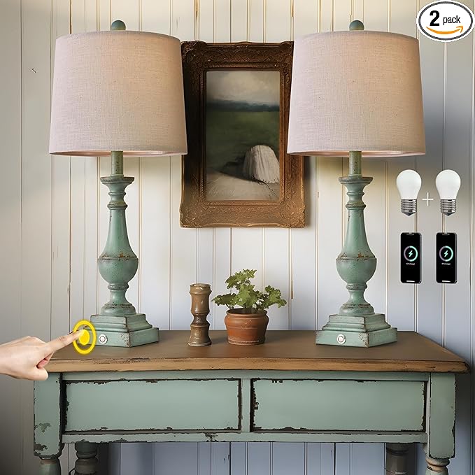 PORTRES 25.75" 3 - Way Dimmable Touch Lamps Set of 2 for Bedroom Rustic Bedside Lamp with USB A+C Charging Ports for Living room Kids Room Study Room （Green） - LeafyLoom