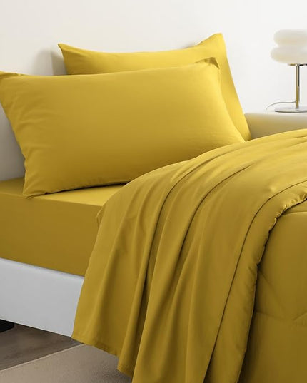 NTBAY Twin Comforter Set with Sheets, 5 Pieces Soft and Breathable Twin Bedding Set, Twin Bed in a Bag, Down Alternative Comforter Set Solid Color All Season, Kids Bedding Set, Yellow - LeafyLoom