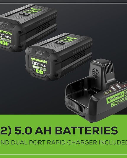 Greenworks 80V (800 CFM) Dual Port Backpack Blower with (2) 5.0 Ah Batteries, Dual Port Rapid Charger - LeafyLoom