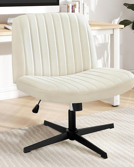 Criss Cross Chair, Cross Legged Office Chair, Wide Comfty Desk Chair, No Wheels Armless Computer Task Chair, Swivel Vanity Home Chair, Height Adjustable - LeafyLoom