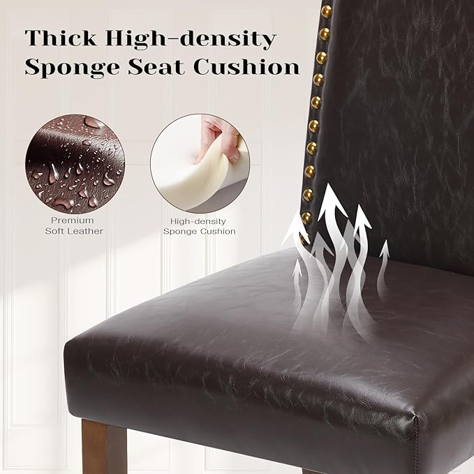 Sweetcrispy Dining Chairs Set of 6, Upholstered Leather Kitchen Room Chairs Mid Century Modern High-End Dining Room Side Chairs with Nailhead Trim and Wood Legs for Bedroom, Living Room, Brown - LeafyLoom
