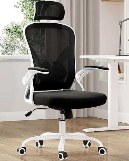 Farini Ergonomic Office Chair, Home Office Desk Chair with Headrest, High Back Computer Chair with Flip-up Armrests and Adjustable Lumbar Support.for Home Office Study Room Bedroom, White - LeafyLoom