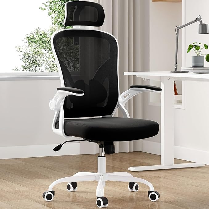 Farini Ergonomic Office Chair, Home Office Desk Chair with Headrest, High Back Computer Chair with Flip-up Armrests and Adjustable Lumbar Support.for Home Office Study Room Bedroom, White - LeafyLoom