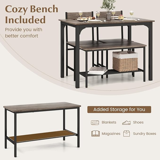 Moccha Dining Table Set for 4, Wooden Kitchen Table with with 2 Chairs and a Long Bench, Modern 4-Piece Dinette with Metal Frame & Storage Rack, Space-Saving Table Set for Dining Room, Black Oak - LeafyLoom