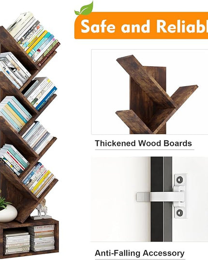Tree Bookshelf with Storage, 8 Tier Wooden Tall Book Shelf, Floor Standing Bookcase for Kids and Adults, Utility Organizer Shelves for Living Room, Bedroom, Home Office, Brown - LeafyLoom