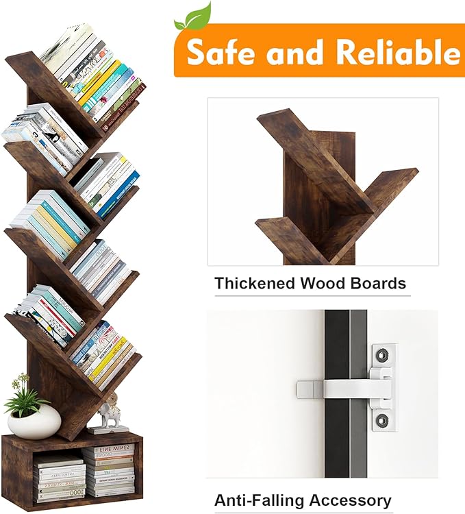 Tree Bookshelf with Storage, 8 Tier Wooden Tall Book Shelf, Floor Standing Bookcase for Kids and Adults, Utility Organizer Shelves for Living Room, Bedroom, Home Office, Brown - LeafyLoom
