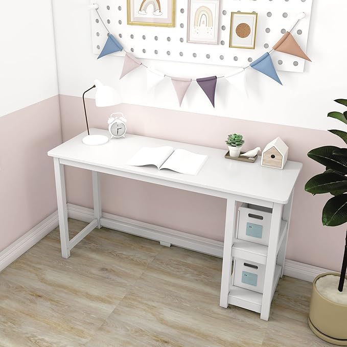 Max & Lily Solid Wood Desk With Shelves, 55 Inches, White - LeafyLoom