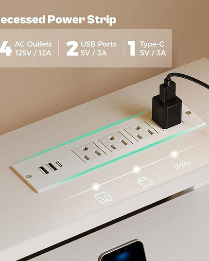 Gaming Desk with 6 Drawers, Computer Desk with LED Lights Power Outlets and Type-C, 39 Inch Office Desk with Storage, Monitor Stand, Writing Desk Work Desk Home Office, Bedroom, Study, White - LeafyLoom