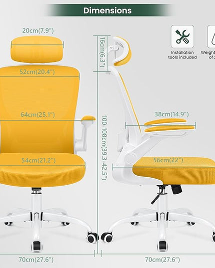 KERDOM Ergonomic Office Chair, Breathable Mesh Desk Chair, Lumbar Support Computer Chair with Headrest and Flip-up Arms, Swivel Task Chair, Adjustable Height Gaming Chair, Yellow - LeafyLoom