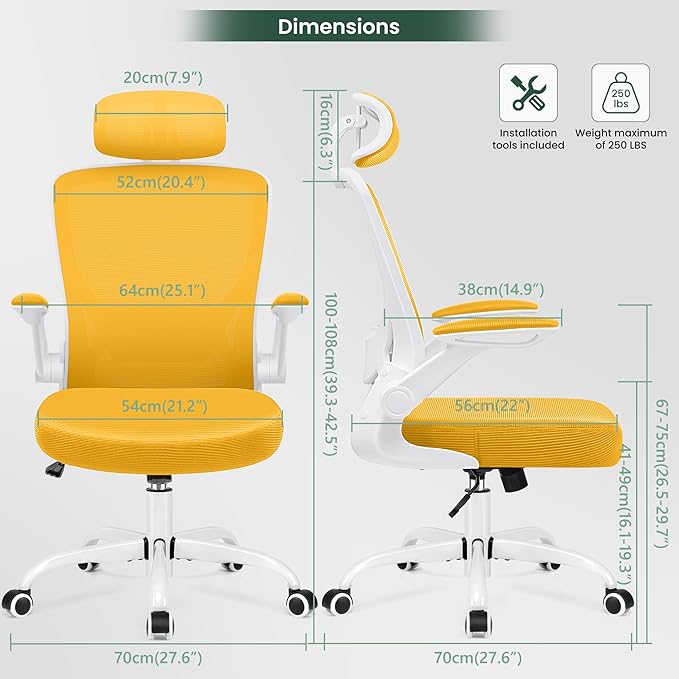 KERDOM Ergonomic Office Chair, Breathable Mesh Desk Chair, Lumbar Support Computer Chair with Headrest and Flip-up Arms, Swivel Task Chair, Adjustable Height Gaming Chair, Yellow - LeafyLoom