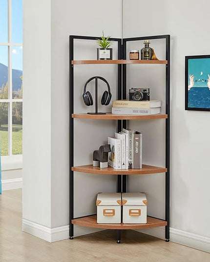 SAYGOER Corner Bookshelf 4 Tier Stand Storage Shelf Modern Black Bookcase Ladder Standing Shelves Display Rack Plant Stand for Small Spaces, Bedroom, Living Room,Walnut Oak - LeafyLoom