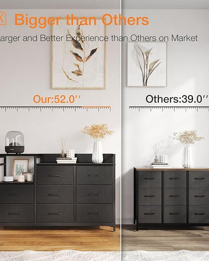 ODK Dresser with Charging Station, 52-Inch Long Dresser TV Stand for Bedroom, Large Dresser with 8 Storage Drawers, Chest of Drawers Easy-Pull Fabric Dressers for Living Room, Black - LeafyLoom