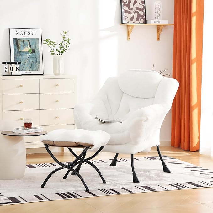 Cozy Lazy Chair and Ottoman, Large Contemporary Accent Lounge Chair Set, Leisure Upholstered Reading Armchair for Bedroom, Living Room, Dorm Rooms, Office - LeafyLoom