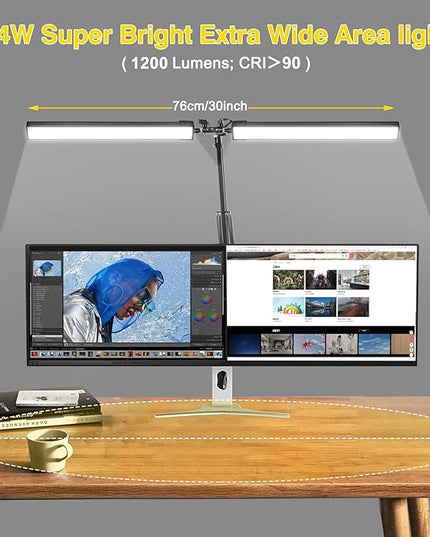 2-in-1 LED Double Head Desk Lamps for Home Office, 24W Brightest Workbench Light, Architect Lamp with Clamp & Base, 3 Colors 10 Dimming Swing Arm Lamp for Reading/Study/Computer Light - LeafyLoom
