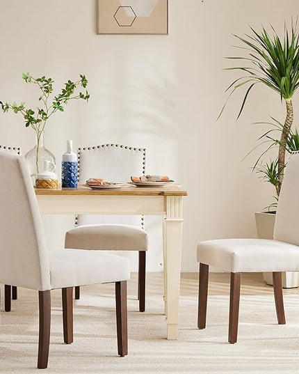 DUMOS Dining Chairs Set of 6, Fabric Dining Room Chairs, Upholstered Parsons Chairs with Nailhead Trim and Wood Legs, Kitchen Side Chair for Dining Living Room,Bedroom - Beige - LeafyLoom