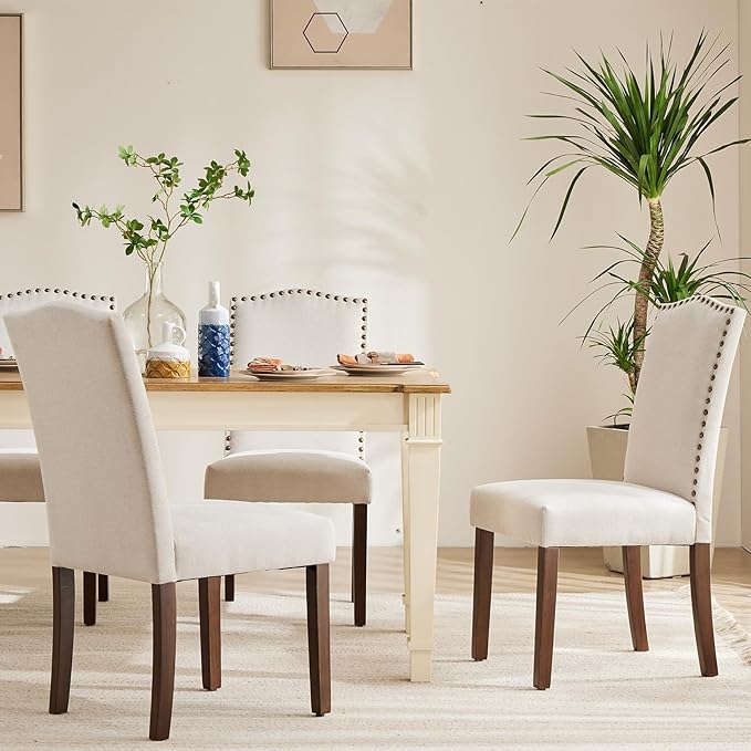 DUMOS Dining Chairs Set of 6, Fabric Dining Room Chairs, Upholstered Parsons Chairs with Nailhead Trim and Wood Legs, Kitchen Side Chair for Dining Living Room,Bedroom - Beige - LeafyLoom