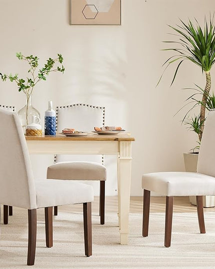DUMOS Dining Chairs Set of 2, Fabric Dining Room Chairs, Upholstered Parsons Chairs with Nailhead Trim and Wood Legs, Kitchen Side Chair for Dining Living Room,Bedroom - Beige - LeafyLoom