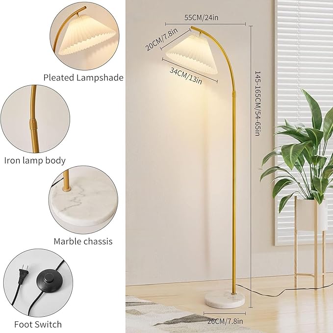 Arched Floor lamp White Fabric Curved Minimalist Floor Lamp with Pleated Shade Boho Floor Lamps for Living Room and bedroom Modern Luxury gold Corner Standing Floor lamp - LeafyLoom