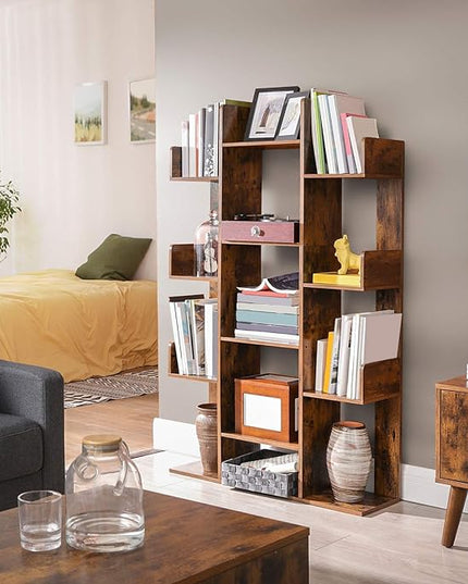 VASAGLE Bookshelf, Tree-Shaped Bookcase with 13 Storage Shelves, Rounded Corners & 9-Tier Floor Standing Tree Bookshelf, with Shelves for Living Room, Home Office, Rustic Brown ULBC11BX - LeafyLoom