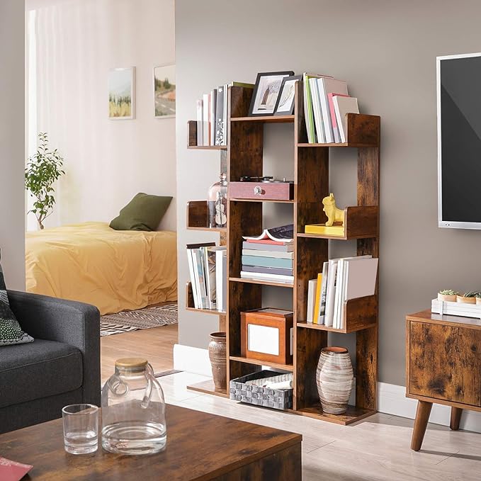 VASAGLE Bookshelf, Tree-Shaped Bookcase with 13 Storage Shelves, Rounded Corners & 9-Tier Floor Standing Tree Bookshelf, with Shelves for Living Room, Home Office, Rustic Brown ULBC11BX - LeafyLoom