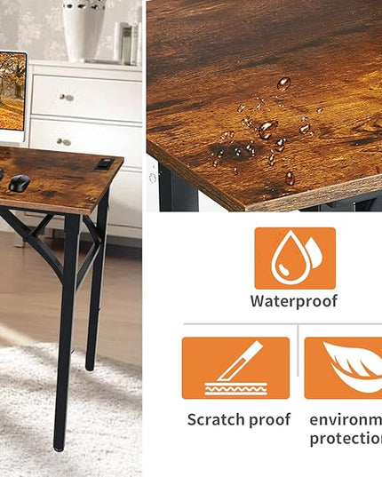TEMI Folding Desk with USB & Socket 31.5", Computer Desk with Outlet for Home Office, Folding Table for Bedroom, Office Desk for Small Space, Small Desk with Black Frame, Rustic Brown - LeafyLoom