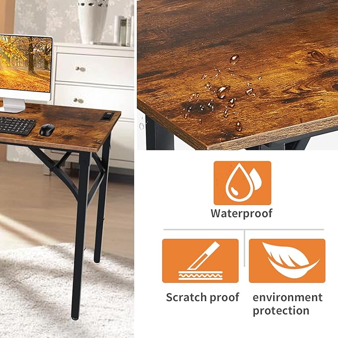 TEMI Folding Desk with USB & Socket 31.5", Computer Desk with Outlet for Home Office, Folding Table for Bedroom, Office Desk for Small Space, Small Desk with Black Frame, Rustic Brown - LeafyLoom