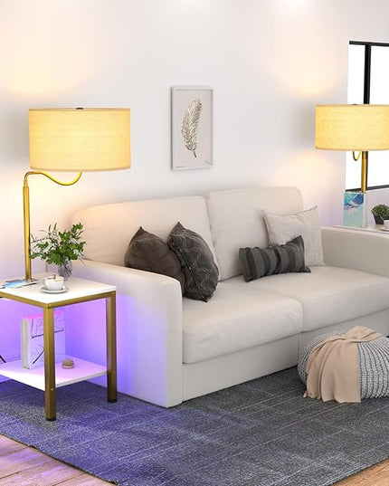 LED Floor Lamp with Table, Side Table with LED Light and Power Outlet, Nightstand with Lamp, End Table with Lamp Attached for Living Room, Bedroom, USB Ports, Bulb Included, White, 2 Pack - LeafyLoom