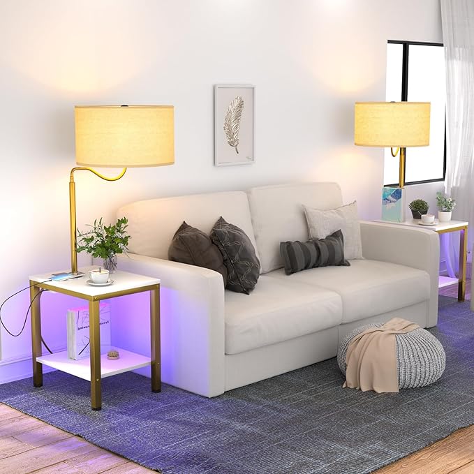 LED Floor Lamp with Table, Side Table with LED Light and Power Outlet, Nightstand with Lamp, End Table with Lamp Attached for Living Room, Bedroom, USB Ports, Bulb Included, White, 2 Pack - LeafyLoom