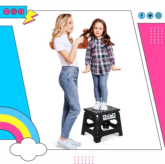 Delxo Folding Step Stool,11 Inch Non-Slip Foldable Step Stools for Kids and Adults,Portable Foldable Step Stool Lightweight Small Folding Stool with Handle for Kitchen Bathroom in Black,1 Pack - LeafyLoom